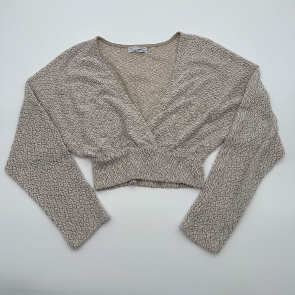 Urban Outfitters Marled Knit Surplice Wrap Crop Top Beige Long Sleeve Small - Picture 1 of 5
